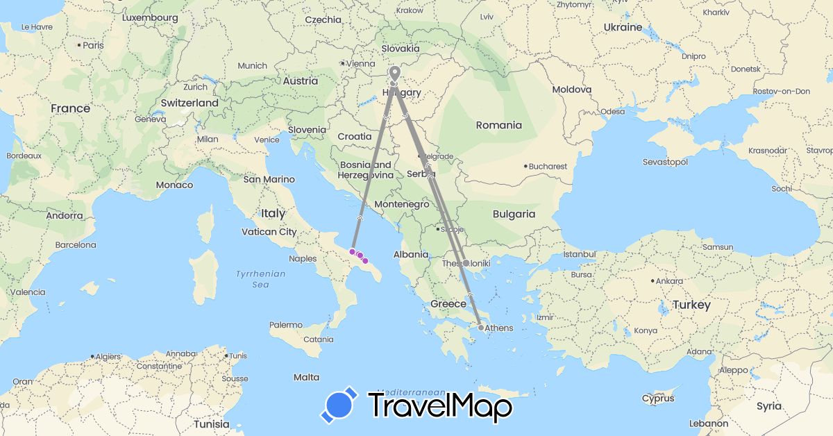 TravelMap itinerary: driving, plane, train in Greece, Hungary, Italy (Europe)